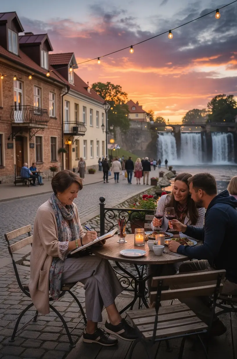 Jūras krasta klintis ar viļņiem un skatu uz rietumu debess malu.